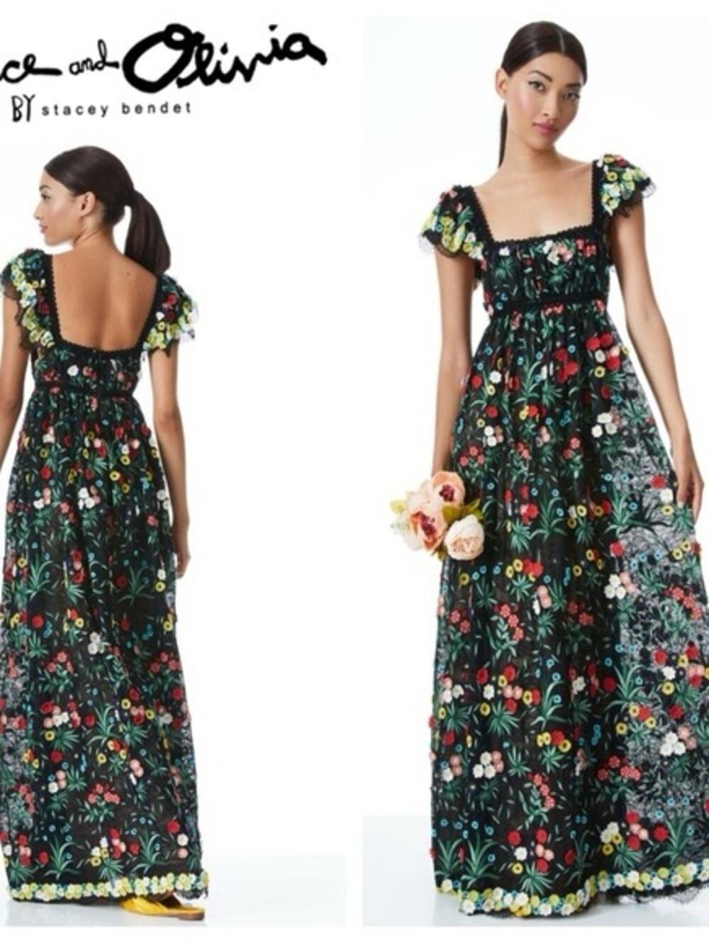 Alice + Olivia Stacey Bendet Black Floral Embroidered Lace Maxi Dress Size 12